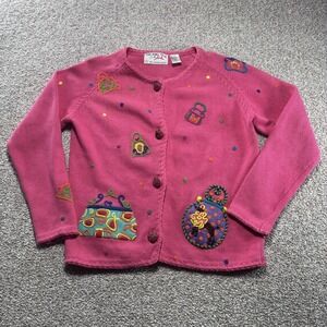 Vintage Simon Sez Michael Simon Sweater Womens Large 14 Pink Cardigan Purses 90s